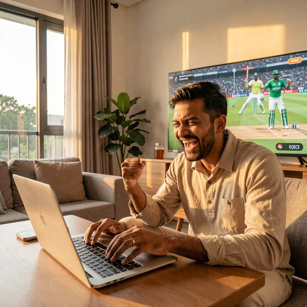 Excited Bangladeshi sports bettor celebrating a winning moment while placing live cricket bets on a laptop with 85OK at home