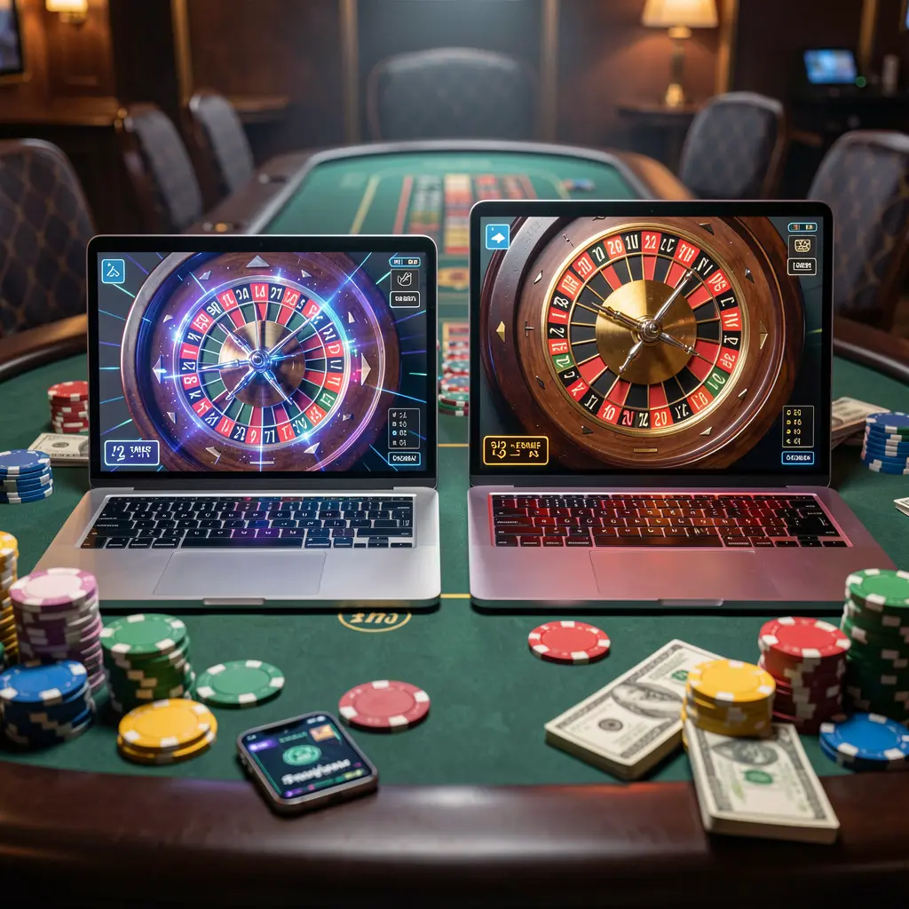 Modern smartphone and laptop displaying live roulette in a high energy casino setting with stacked chips and dynamic lighting showcasing immersive mobile and desktop gaming on 85OK