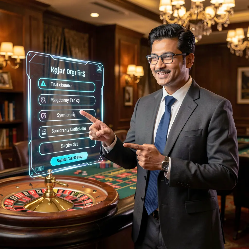 Professional Bangladeshi casino dealer pointing at a glowing holographic login panel with a roulette table behind him representing secure access at 85OK